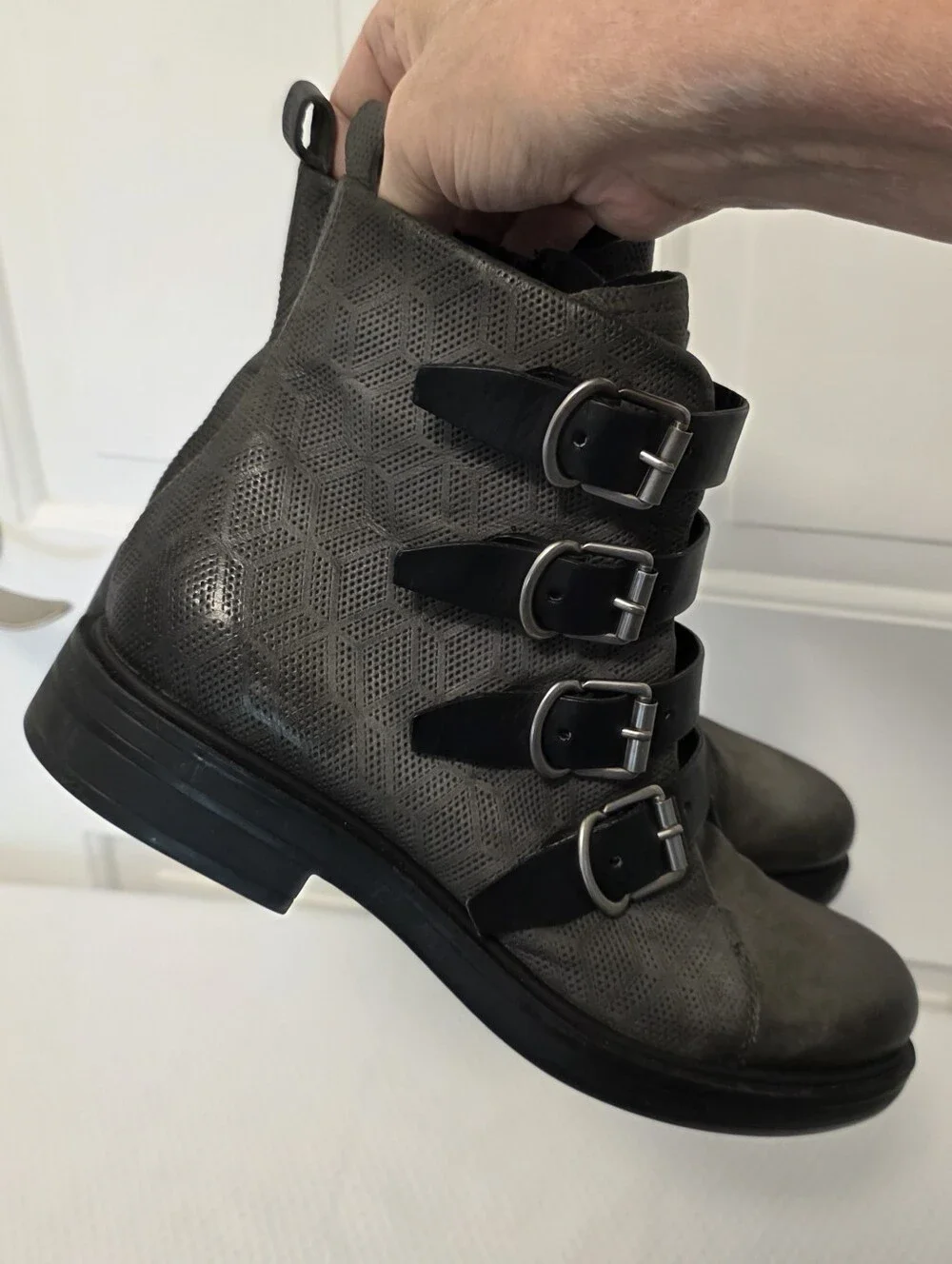 Miz Mooz Charcoal Grey Leather  Buckle Ankle Accent Zip Boots Size 40/9, Biker,